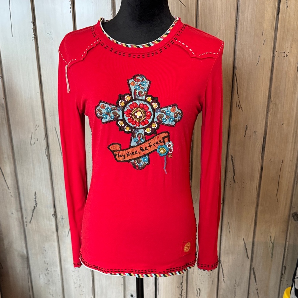 Double D Ranch Red Long-Sleeve Embroidered Cross Graphic Top